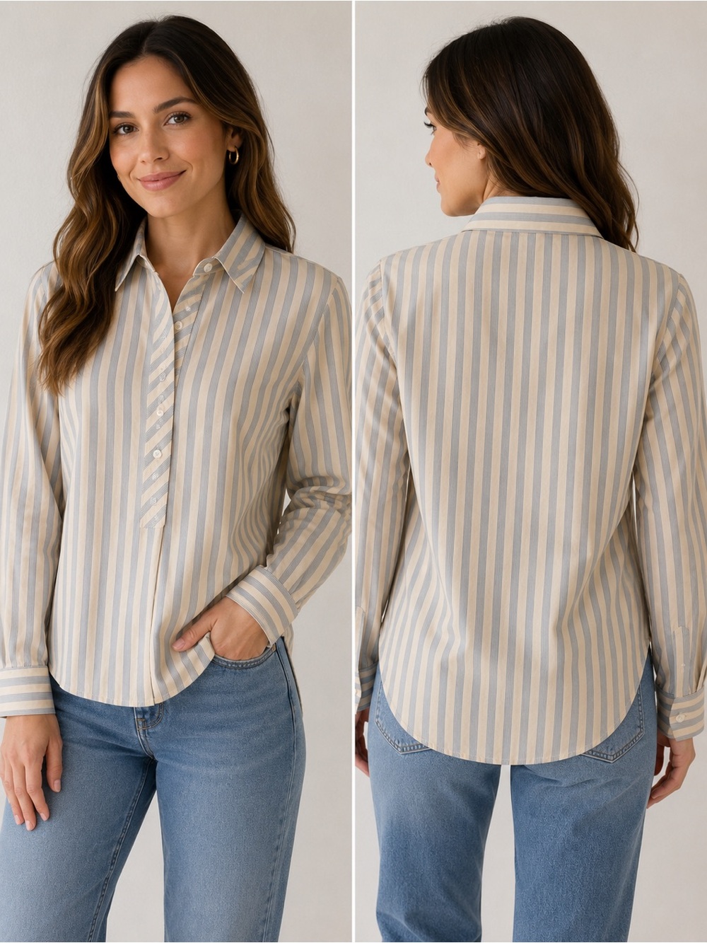 Tucci Vintage Striped Collared Button-Front Shirt Beige & Light Blue Long Sleeve